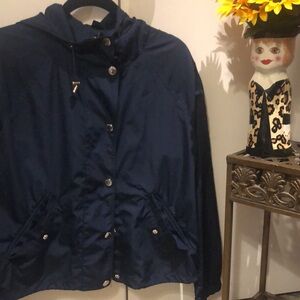 Ralph Lauren rain jacket w silver snaps. Full length, zipper.Attached hood.